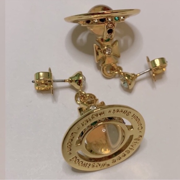 18k gold Plated crystal signature Saturn Orb drop earrings - Picture 7 of 8